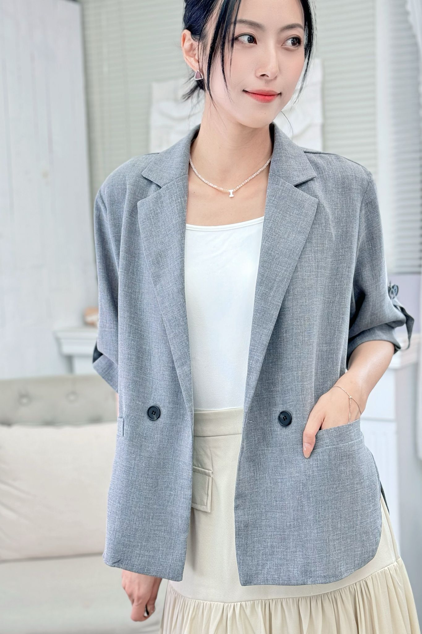 JK#7315🤍依然高級摺袖輕西裝褸