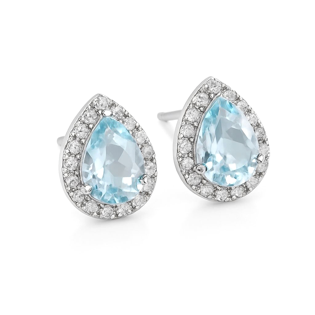 18K白金天然鑽石梨形海藍寶耳環