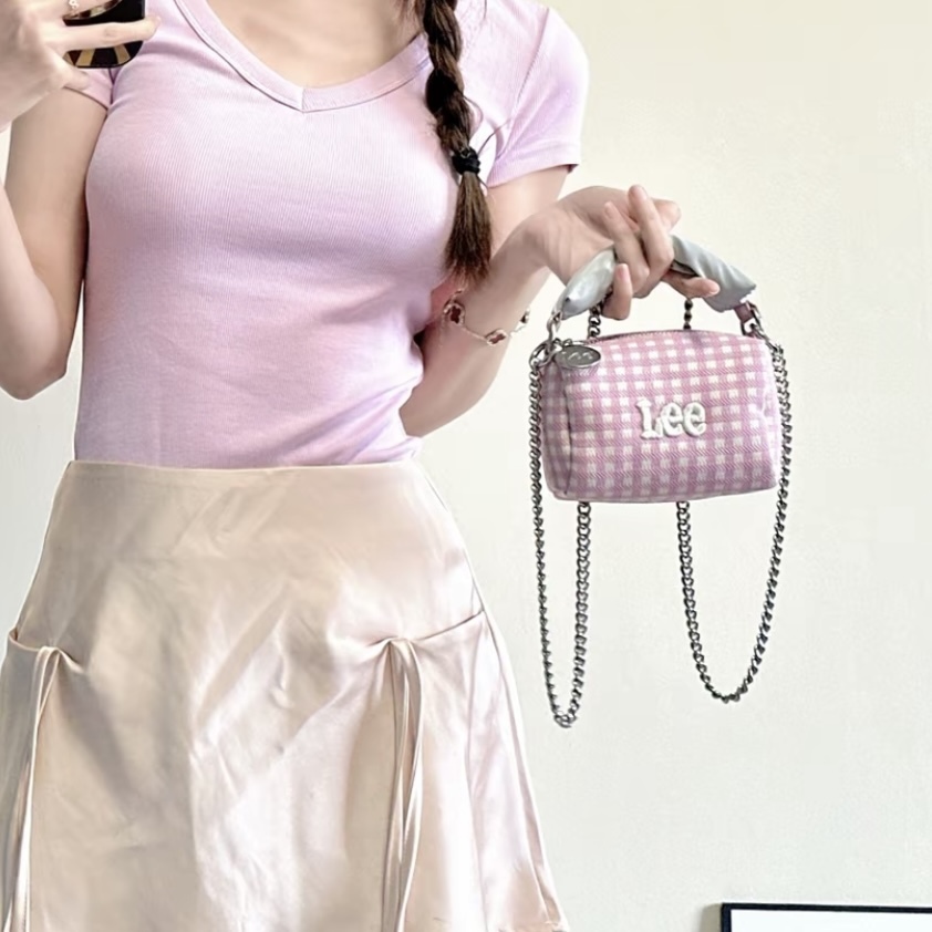 LEE BUNBUNBAG 粉白格紋 甜美 饅頭包 鏈條包 刺繡LOGO 韓系 可愛 / 代購
