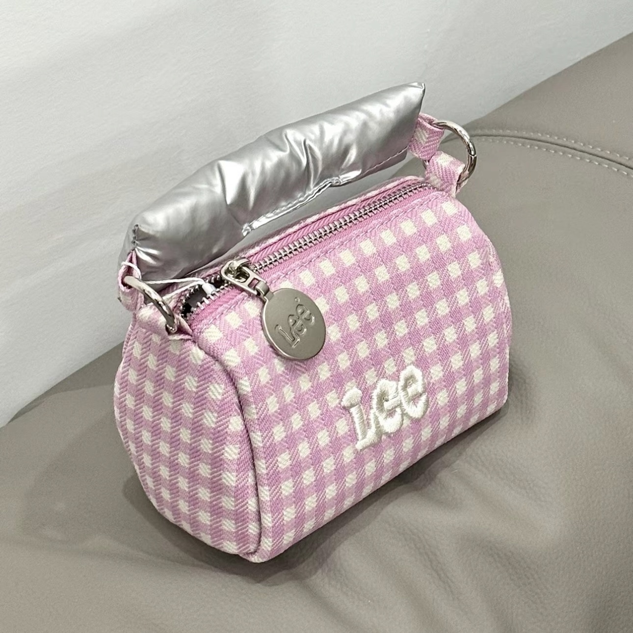 LEE BUNBUNBAG 粉白格紋 甜美 饅頭包 鏈條包 刺繡LOGO 韓系 可愛 / 代購