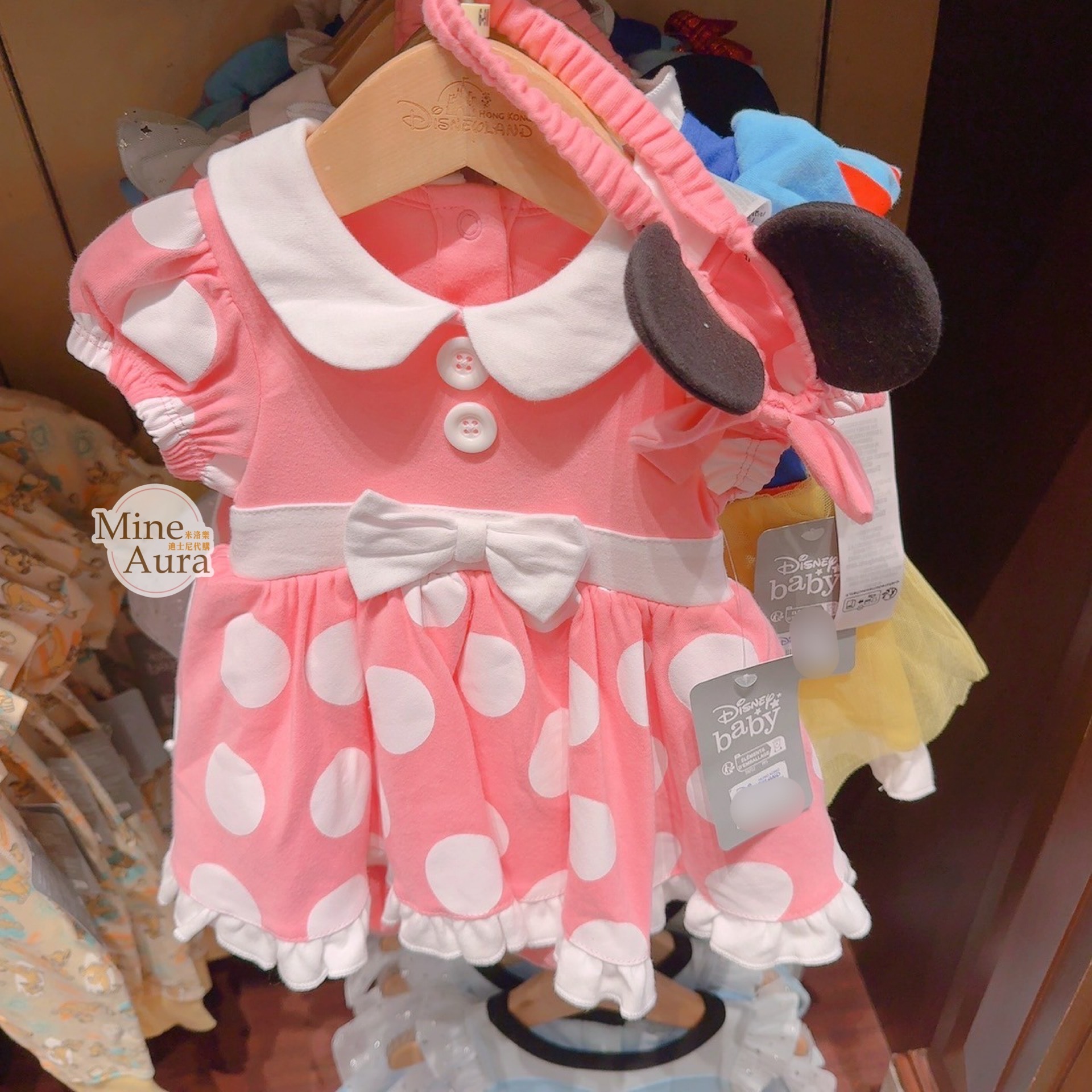 米妮 Minnie 粉色洋裝 造型 包屁衣 + 立體耳朵造型髮帶 嬰兒用品 -香港迪士尼樂園