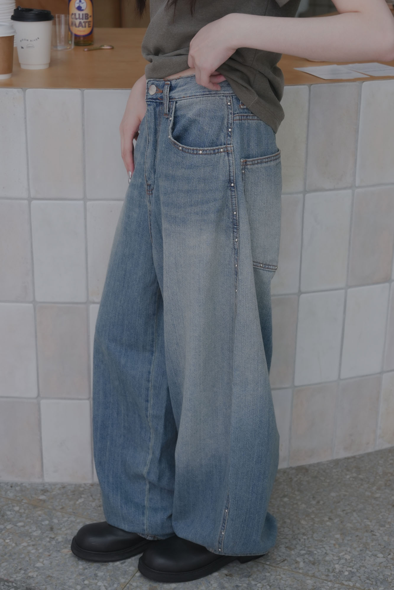 Flowy Studded Balloon Wide Denim #長褲