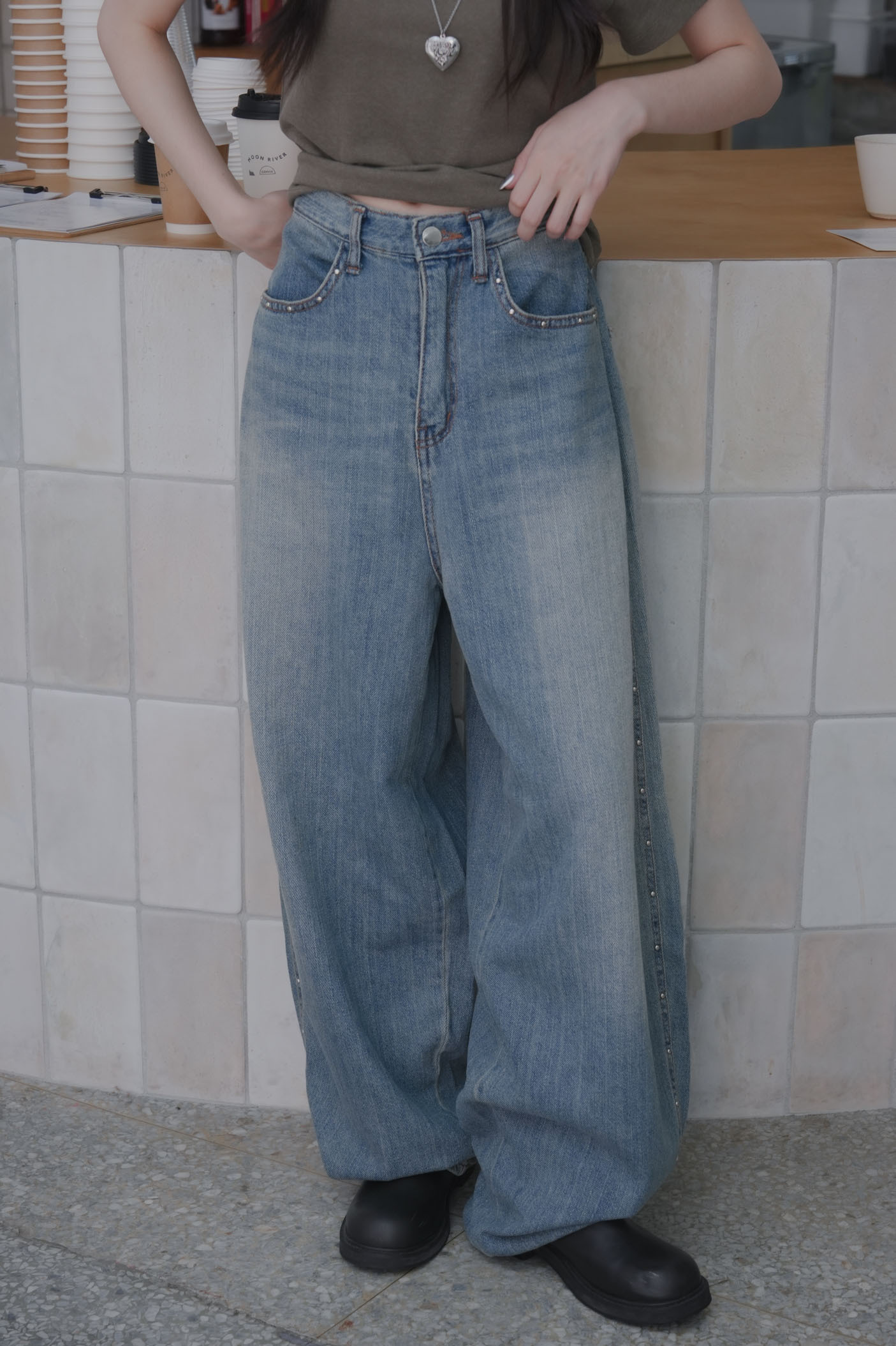 Flowy Studded Balloon Wide Denim #長褲