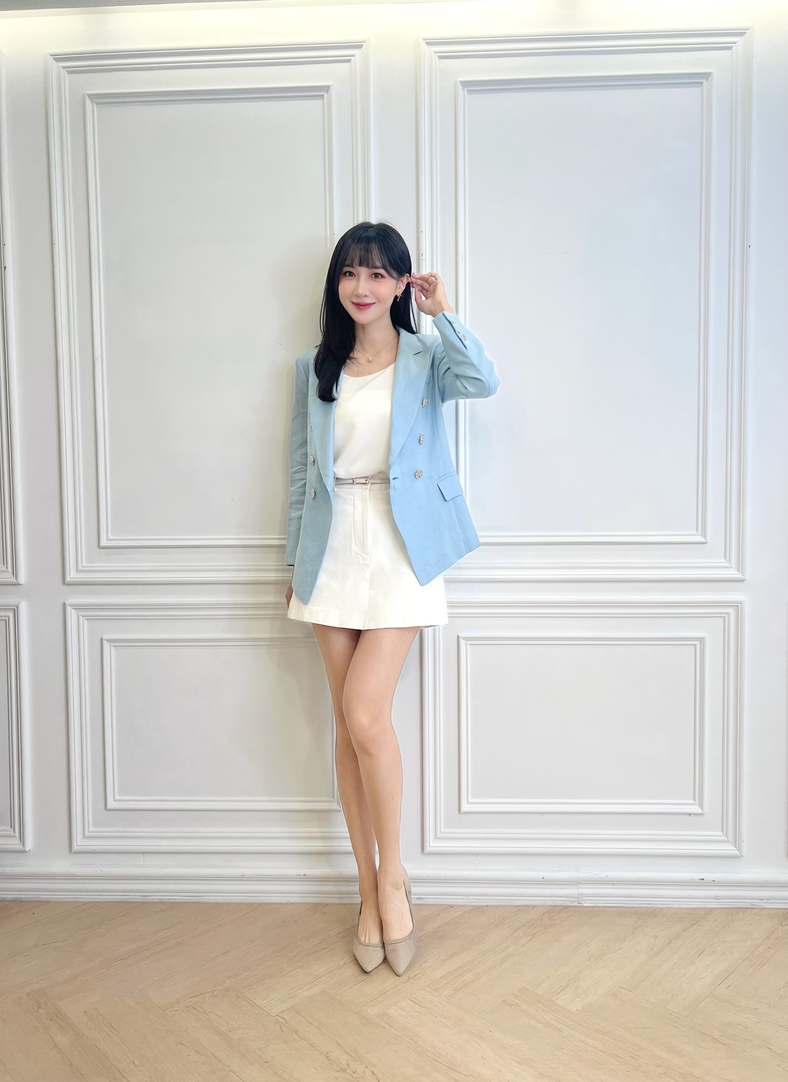 棉麻銀釦翻領西裝外套