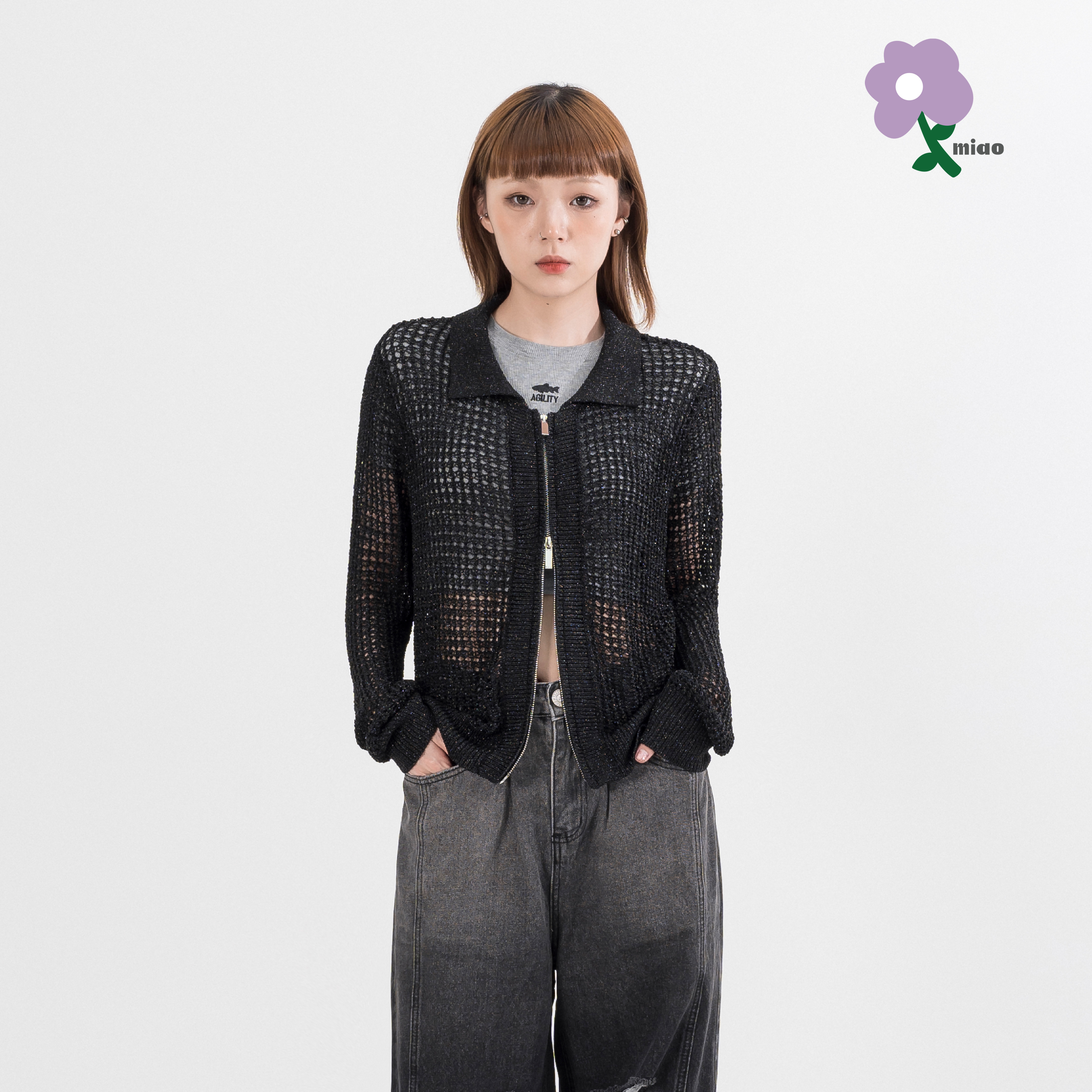 AGILITY MIAO Shirring Mesh Silver Zip Shirts 銀蔥 針織外套 [M-KN1]