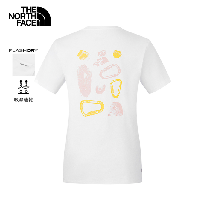 The North Face 北面 女款 白色吸濕排汗短袖T恤 CLIMB | 戶外運動 快乾透氣 機能印花上衣 Graphic Tee  JUN25