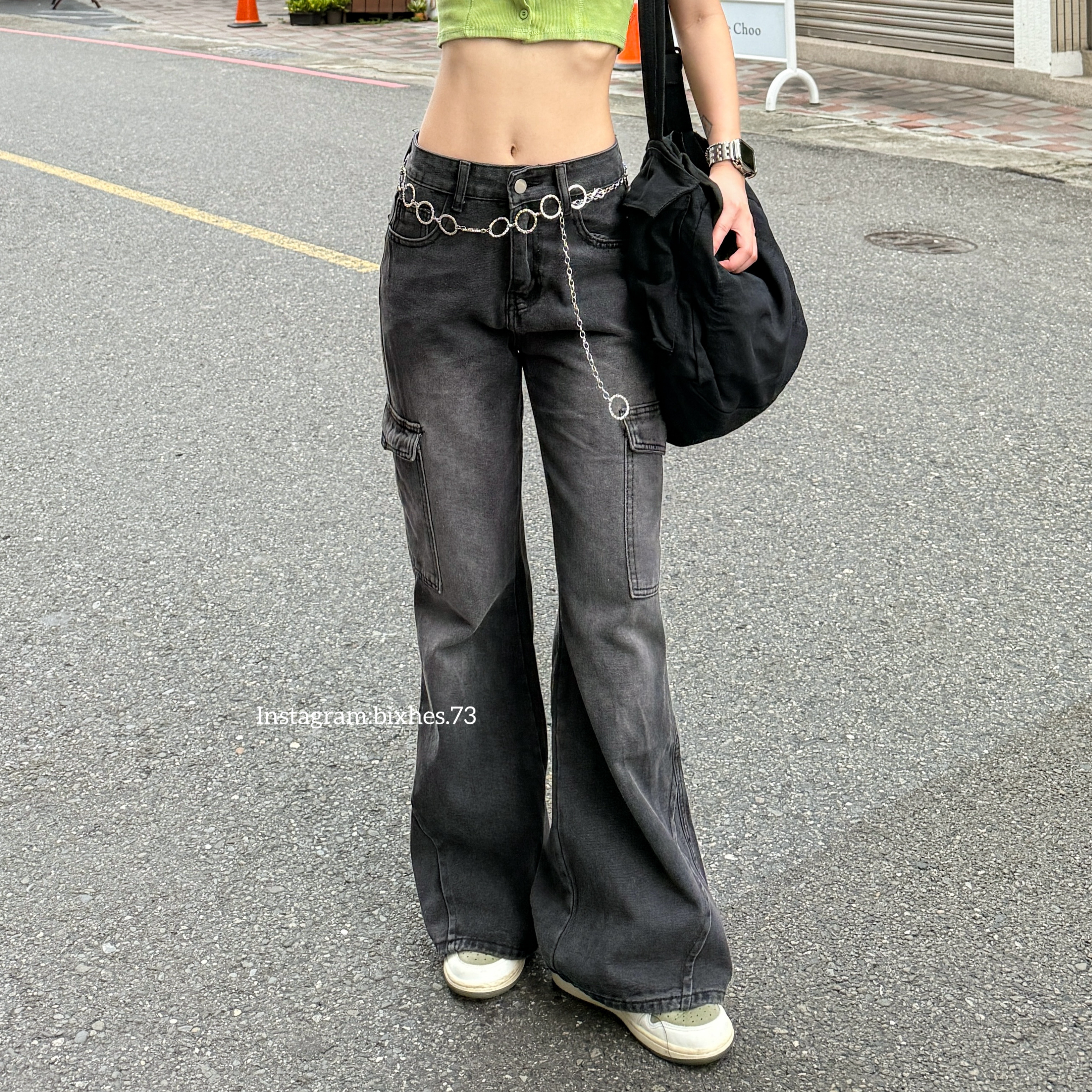 工裝刷色牛仔微喇叭褲(E00134)