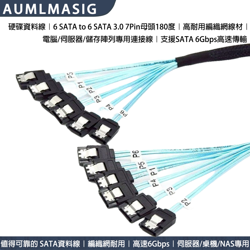 AUMLMASIG全通碩【高品質 SATA3.0 傳輸線 6組接口 對 6組接口-帶編號-1公尺長度】SATA線帶編織網電腦硬碟線伺服器線