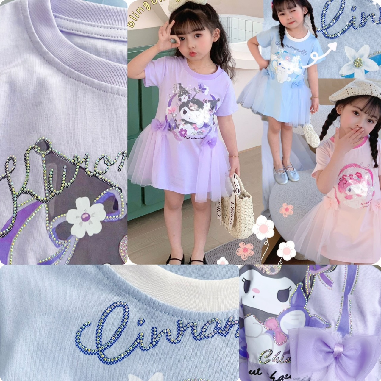 San*rio 女童燙鑽字母拼紗連衣裙-2501280