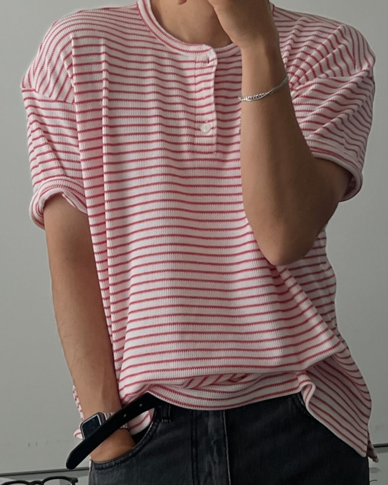 夏季華夫格亨利領修身短袖T恤