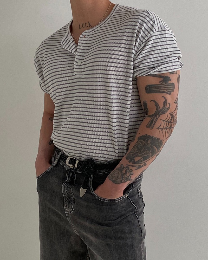 夏季華夫格亨利領修身短袖T恤