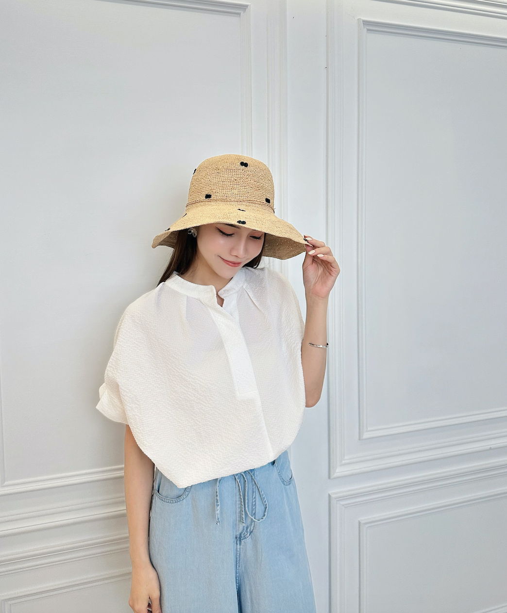 (夏日花漾)點點拉菲草編織帽