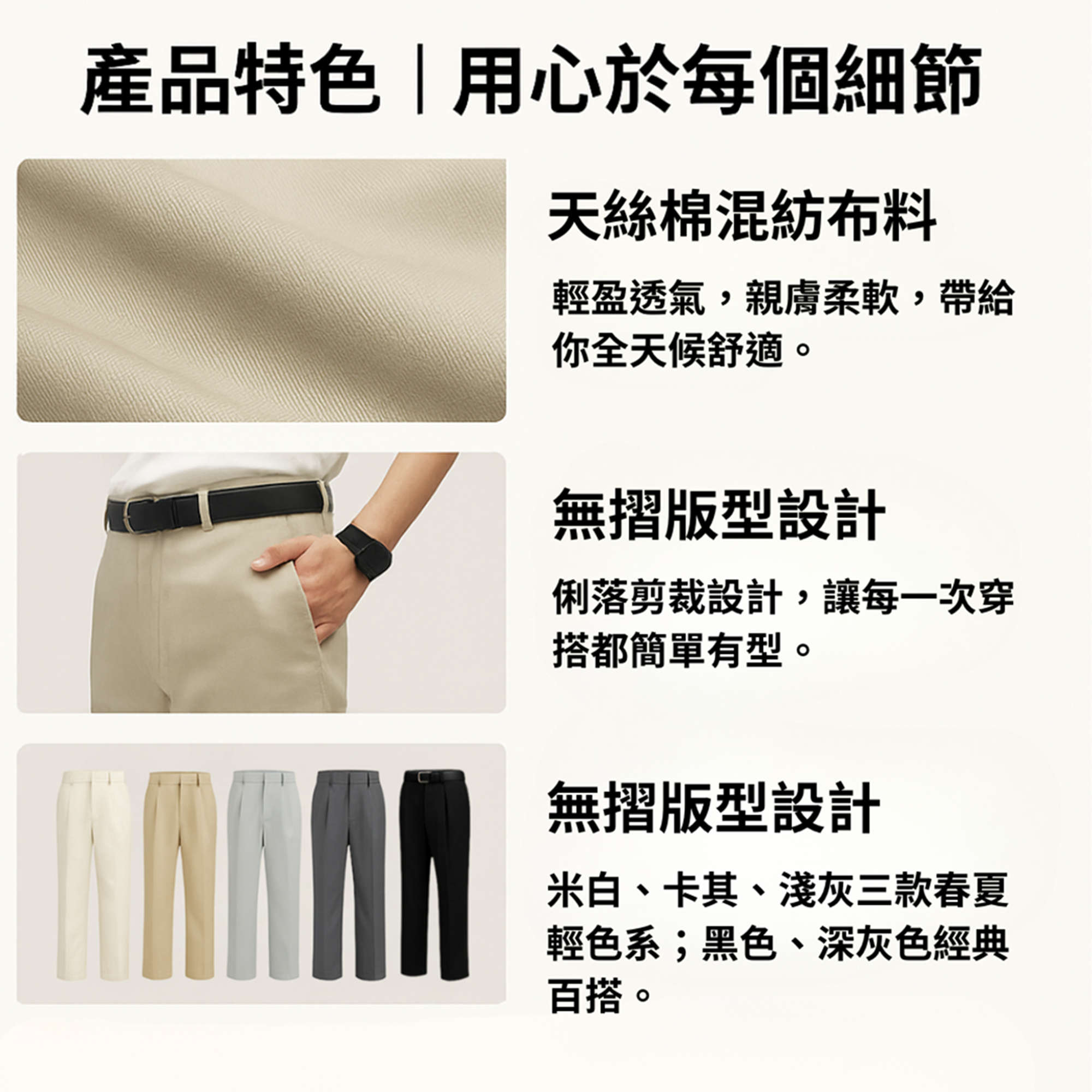 薄款天絲棉無摺休閒褲:產品特色（布料、設計）