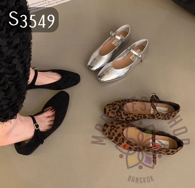 S3549 - 牛皮一字扣帶圓頭平底鞋