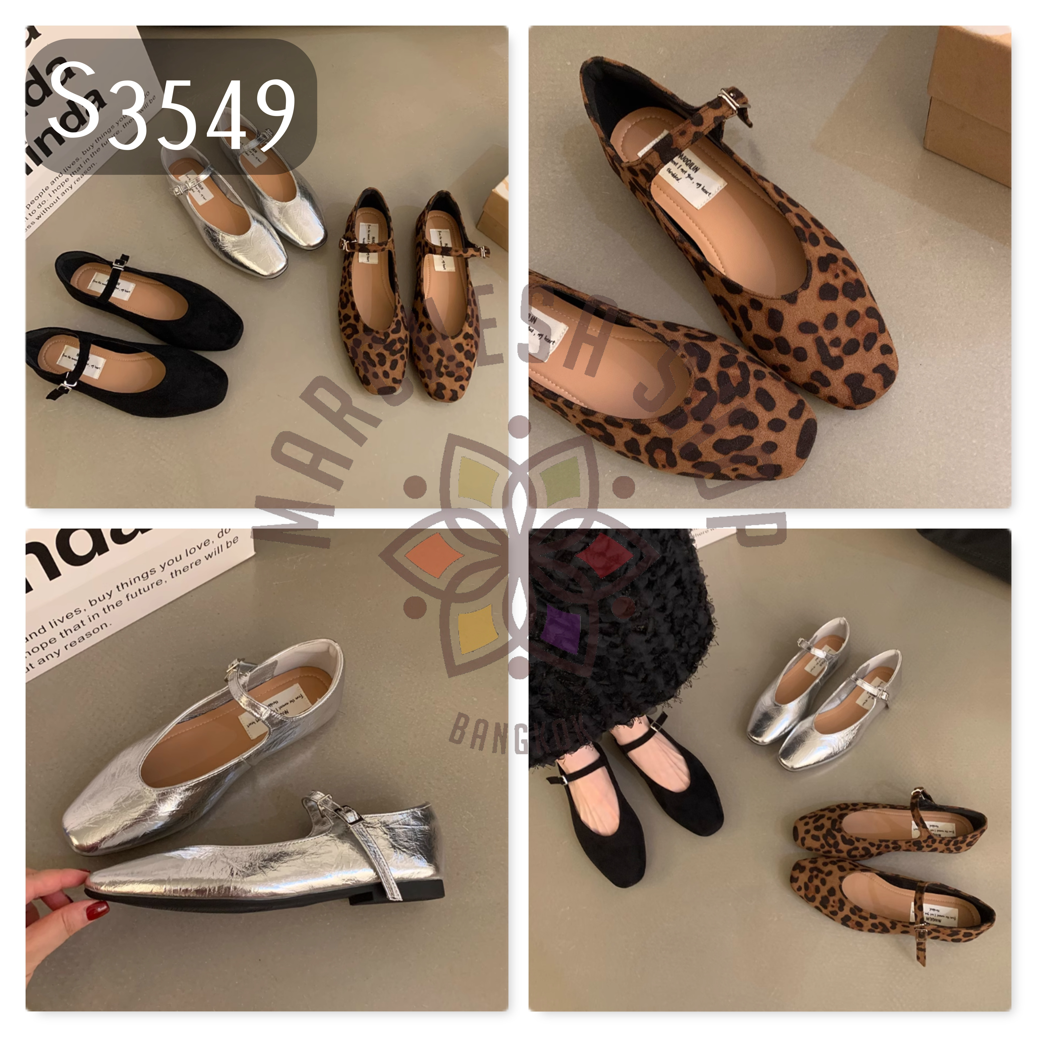 S3549 - 牛皮一字扣帶圓頭平底鞋