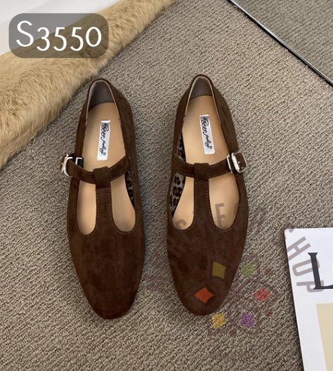 S3550 - 牛猄皮簡約T字扣帶圓頭平底鞋