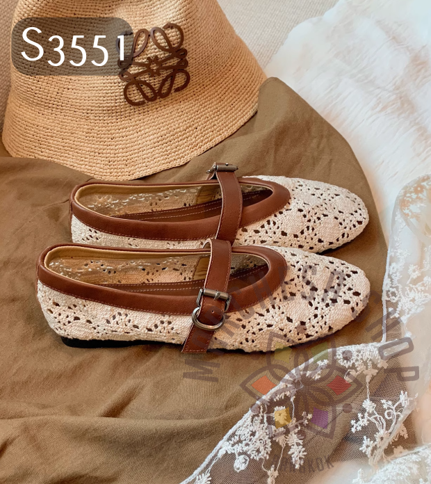 S3551 - 牛皮麻花編織圓頭平底鞋