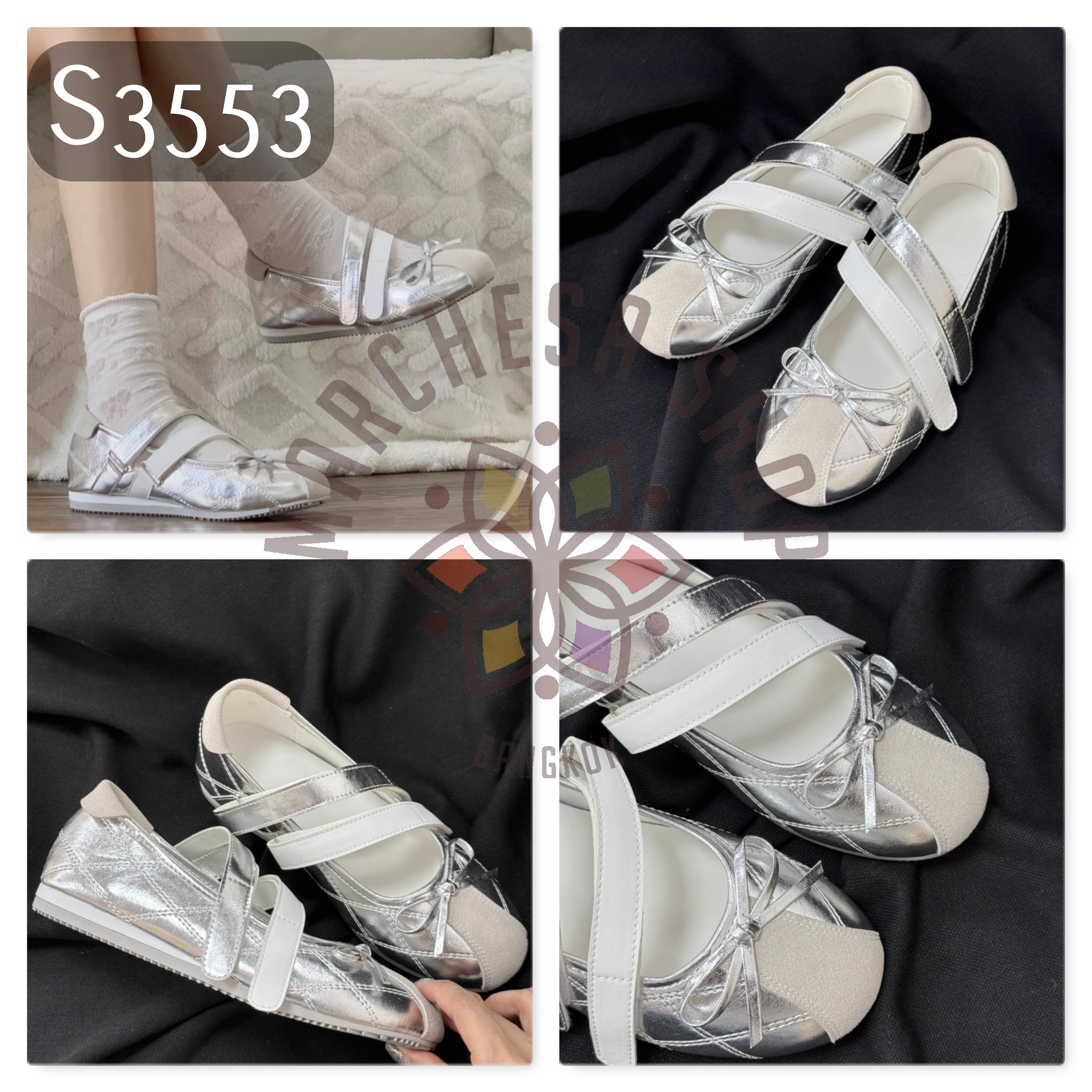 S3553 - 羊猄拼皮運動風蝴蝶結鈄帶平底鞋