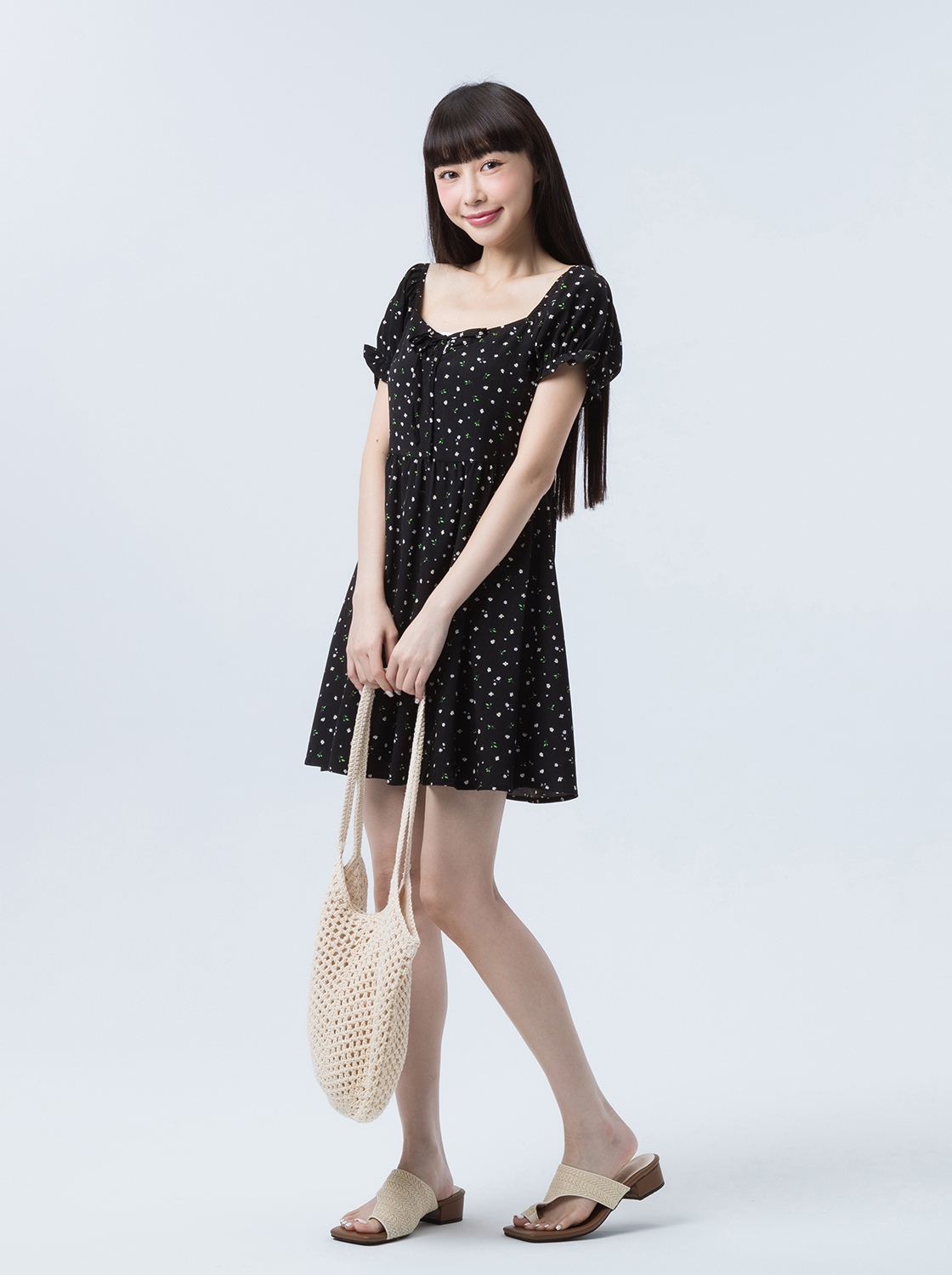 小花荷葉邊短袖洋裝