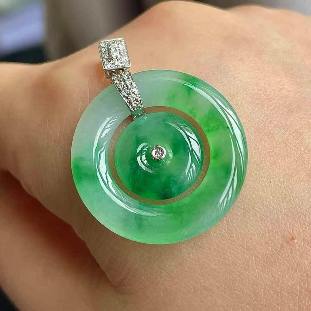 翡翠冰種辣綠母子扣吊墜 (24.2mm直徑),天然翡翠A玉, 緬甸玉, Jade, Jadeite