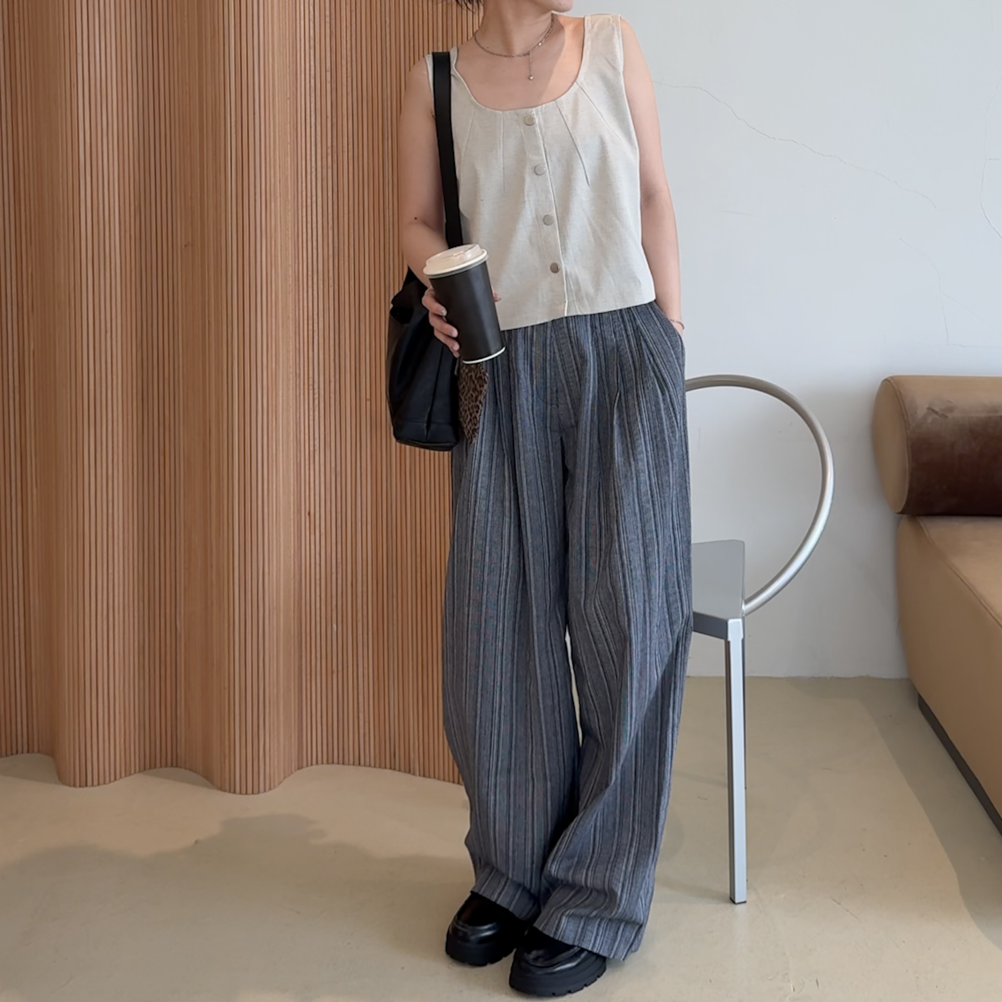 後鬆緊細紋織感薄棉長褲