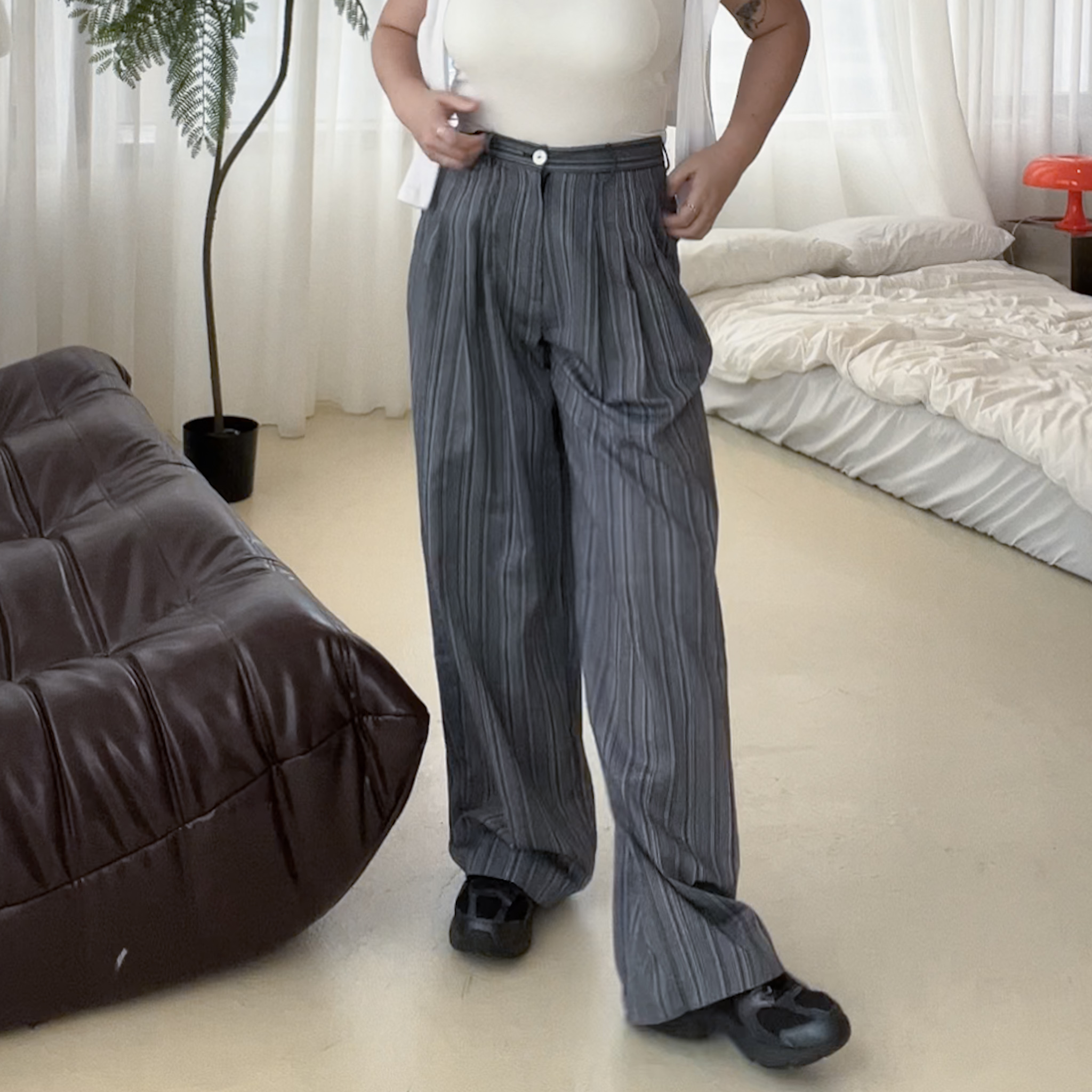 後鬆緊細紋織感薄棉長褲