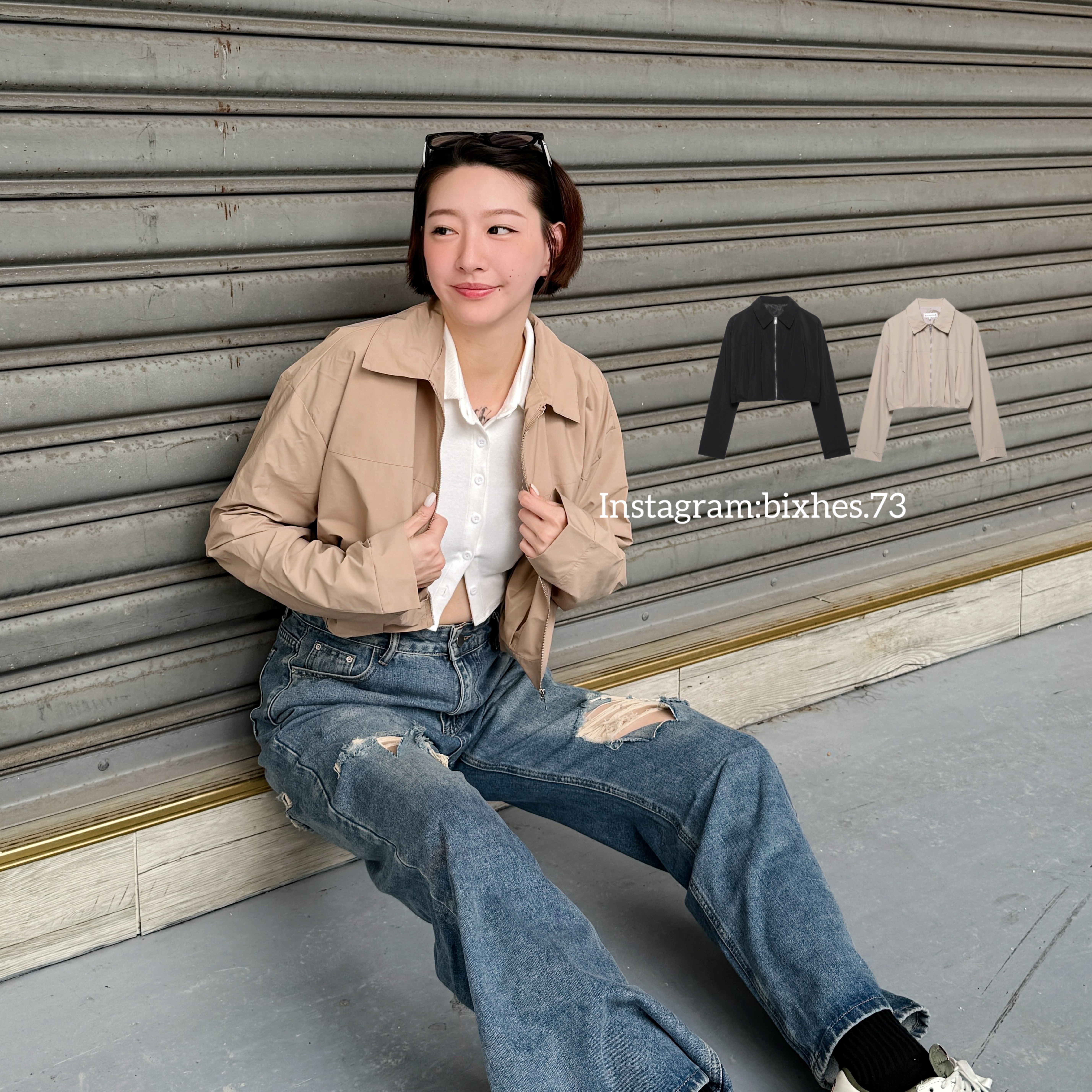 翻領打褶短款風衣外套(F00064)