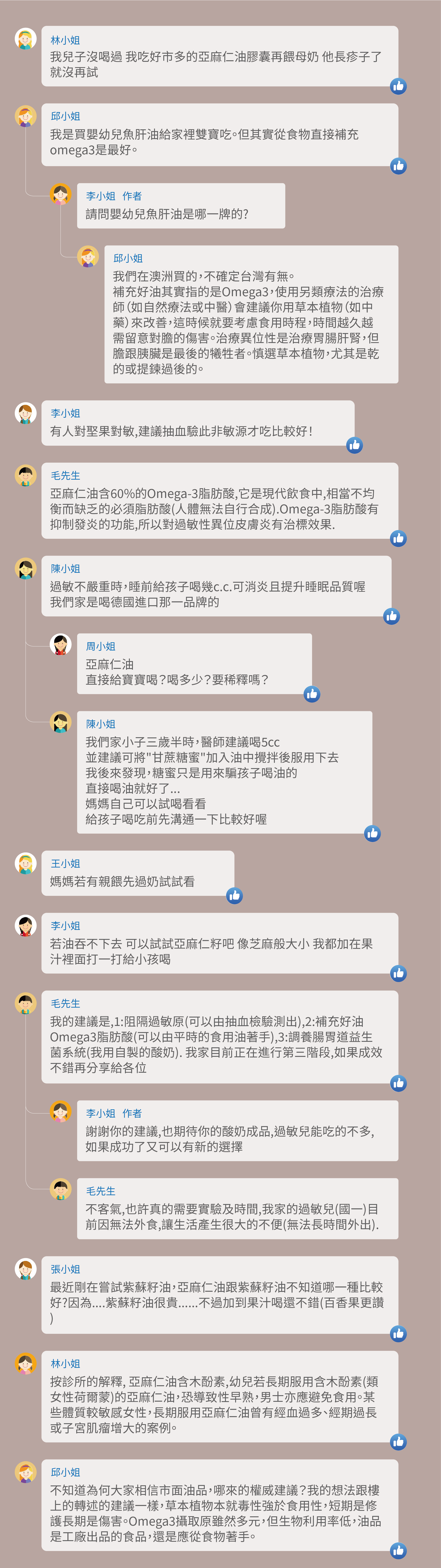 我兒子沒喝過 我吃好市多的亞麻仁油膠囊再餵母奶 他長疹子了 就沒再試,我是買嬰幼兒魚肝油給家裡雙寶吃。但其實從食物直接補充omega3是最好。請問嬰幼兒魚肝油是哪一牌的?我們在澳洲買的,不確定台灣有無。補充好油其實指的是Omega3,使用另類療法的治療師(如自然療法或中醫)會建議你用草本植物(如中藥)來改善,這時候就要考慮食用時程,時間越久越需留意對膽的傷害。治療異位性是治療胃腸肝腎,但膽跟胰臟是最後的犧牲者。慎選草本植物,尤其是乾的或提鍊過後的。有人對埾果對敏,建議抽血驗此非敏源才吃比較好!亞麻仁油含60%的Omega-3脂肪酸,它是現代飲食中,相當不均衡而缺乏的必須脂肪酸(人體無法自行成).Omega-3脂肪酸有抑制發炎的功能,所以對過敏性異位皮膚炎有治標效果.,過敏不嚴重時,睡前給孩子喝幾c.c.可消炎且提升睡眠品質喔,我們家是喝德國進口那一品牌的,亞麻仁油,直接給寶寶喝?喝多少?要稀釋嗎?我們家小子三歲半時,醫師建議喝5cc,並建議可將"甘蔗糖蜜"加入油中攪拌後服用下去,我後來發現,糖蜜只是用來騙孩子喝油的,直接喝油就好了...,媽媽自己可以試喝看看,給孩子喝吃前先溝通一下比較好喔,媽媽若有親餵先過奶試試看,若油吞不下去 可以試試亞麻仁籽吧 像芝麻般大小 我都加在果汁裡面打一打給小孩喝,我的建議是,1:阻隔過敏原(可以由抽血檢驗測出),2:補充好油Omega3脂肪酸(可以由平時的食用油著手),3:調養腸胃道益生菌系統(我用自製的酸奶). 我家目前正在進行第三階段,如果成效不錯再分享給各位,謝謝你的建議,也期待你的酸奶成品,過敏兒能吃的不多,如果成功了又可以有新的選擇,不客氣,也許真的需要實驗及時間,我家的過敏兒(國一)目前因無法外食,讓生活產生很大的不便(無法長時間外出).,最近剛在嘗試紫蘇籽油,亞麻仁油跟紫蘇籽油不知道哪一種比較好?因為....紫蘇籽油很貴......不過加到果汁喝還不錯(百香果更讚),按診所的解釋, 亞麻仁油含木酚素,幼兒若長期服用含木酚素(類女性荷爾蒙)的亞麻仁油,恐導致性早熟,男士亦應避免食用。某些體質較敏感女性,長期服用亞麻仁油曾有經血過多、經期過長或子宮肌瘤增大的案例。不知道為何大家相信市面油品,哪來的權威建議?我的想法跟樓上的轉述的建議一樣,草本植物本就毒性強於食用性,短期是修護長期是傷害。Omega3攝取原雖然多元,但生物利用率低,油品是工廠出品的食品,還是應從食物著手。