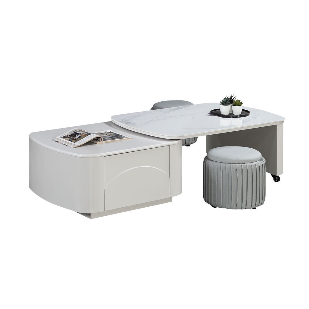 哈麥3尺旋轉亮面岩板單抽大茶几(附造型圓形椅凳二入-茶几寬90~142cm)