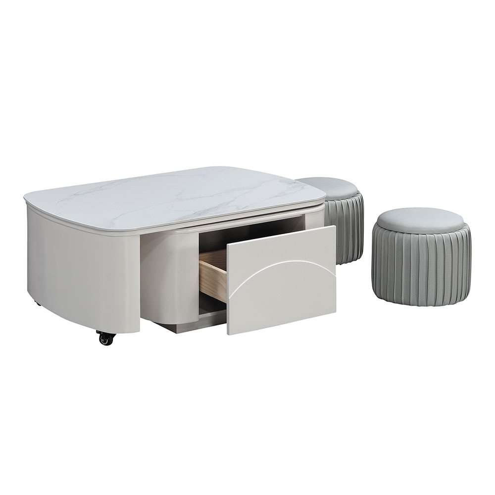 哈麥3尺旋轉亮面岩板單抽大茶几(附造型圓形椅凳二入-茶几寬90~142cm)