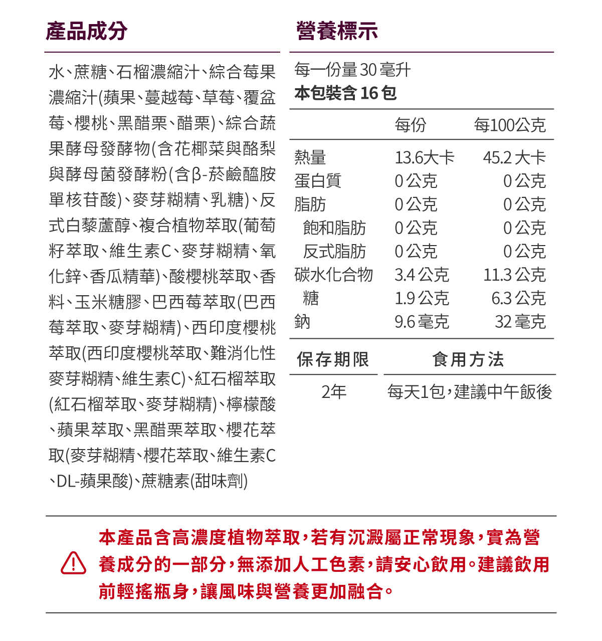GA黃金甲白藜蘆醇飲成分表和營養標示