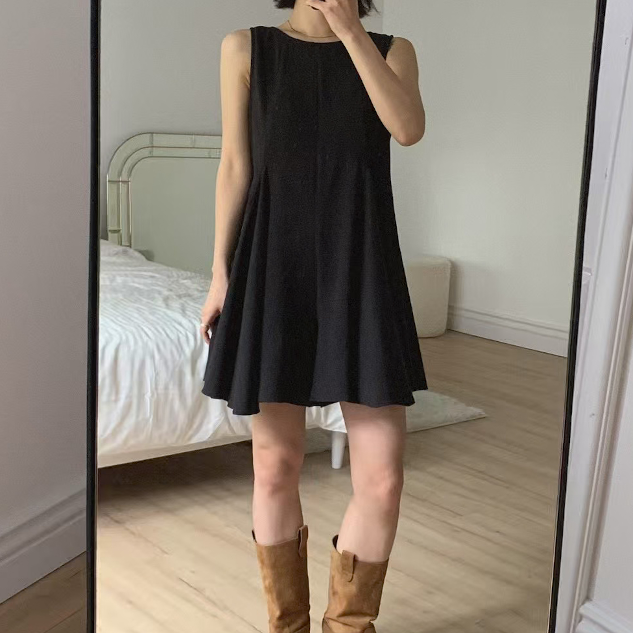 J18收腰車線西料背心連身褲裙(黑，推薦款)