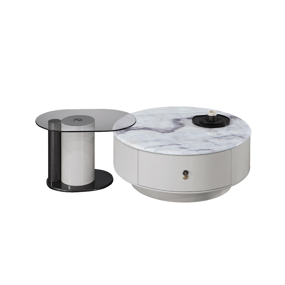 歐尼超晶石面旋轉圓形茶几組合(2.7尺二抽大圓几+2尺強化玻璃橢圓小茶几)