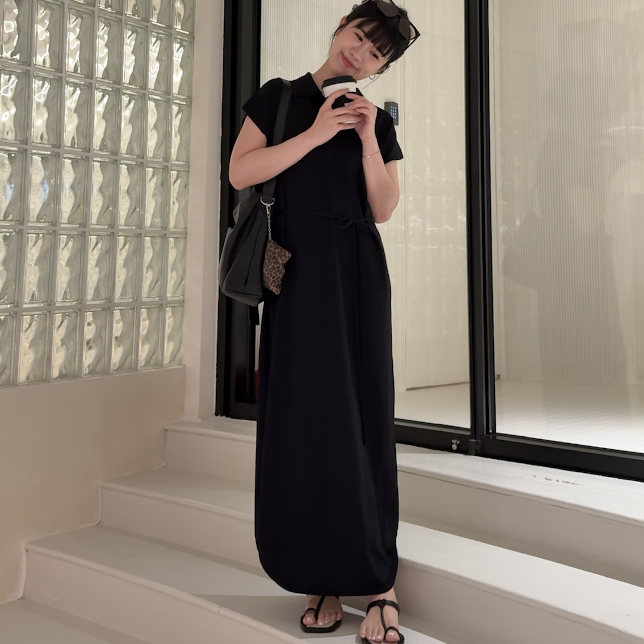 J14輕彈細紗織感下擺圓弧開衩綁帶長洋(黑，推薦款)