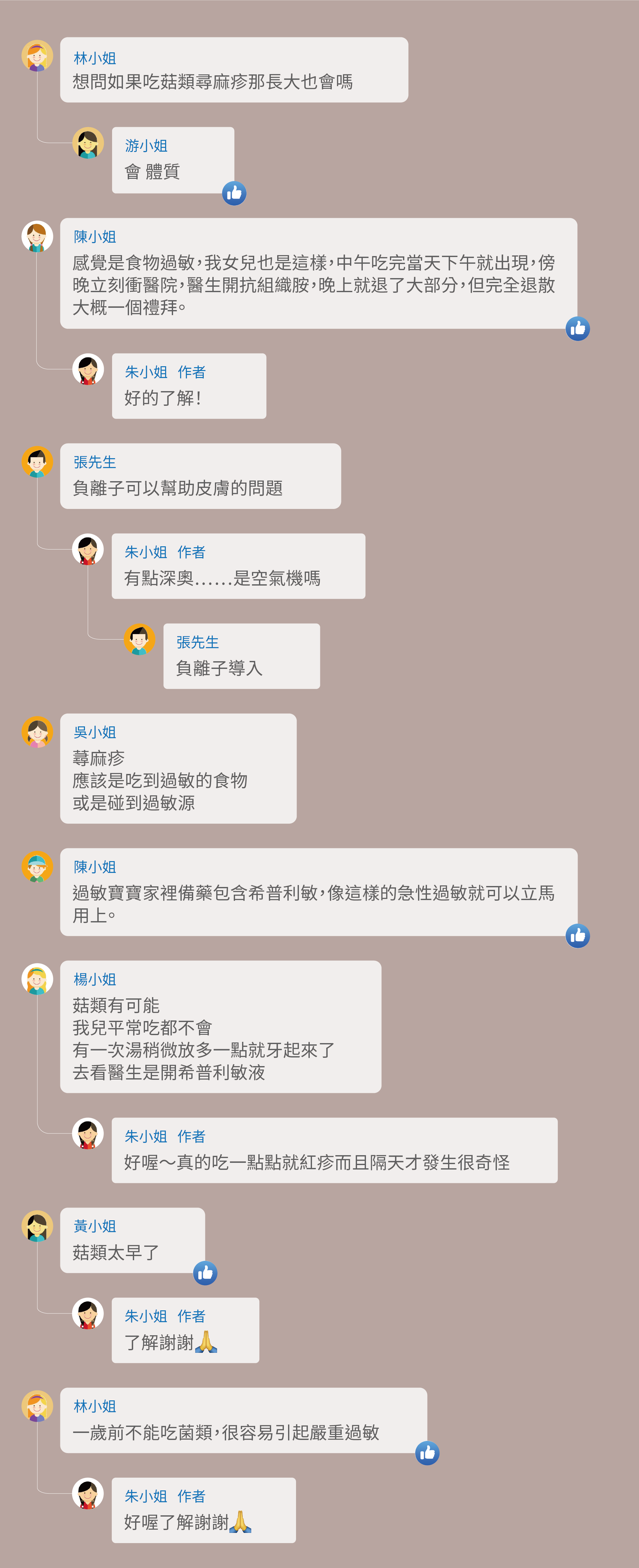 想問如果吃菇類尋麻疹那長大也會嗎,會 體質,感覺是食物過敏,我女兒也是這樣,中午吃完當天下午就出現,傍晚立刻衝醫院,醫生開抗組織胺,晚上就退了大部分,但完全退散大概一個禮拜。負離子可以幫助皮膚的問題,有點深奧⋯⋯是空氣機嗎,負離子導入,蕁麻疹,應該是吃到過敏的食物,或是碰到過敏源,過敏寶寶家裡備藥包含希普利敏,像這樣的急性過敏就可以立馬用上。菇類有可能,我兒平常吃都不會,有一次湯稍微放多一點就牙起來了,去看醫生是開希普利敏液,好喔~真的吃一點點就紅疹而且隔天才發生很奇怪,菇類太早了,一歲前不能吃菌類,很容易引起嚴重過敏