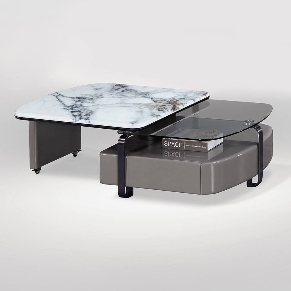 瑞斯3尺超晶石面旋轉大茶几/設計款造型茶几(超晶石+強化玻璃)