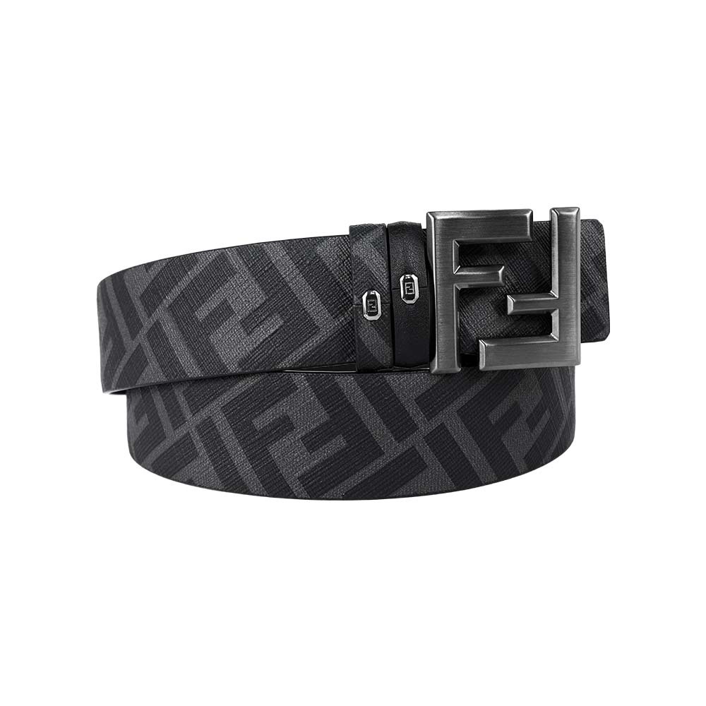 【Fendi】FF Squared 鐵灰釦帆布及牛皮 85-90-95-100cm 雙面可用皮帶(黑色/灰色)