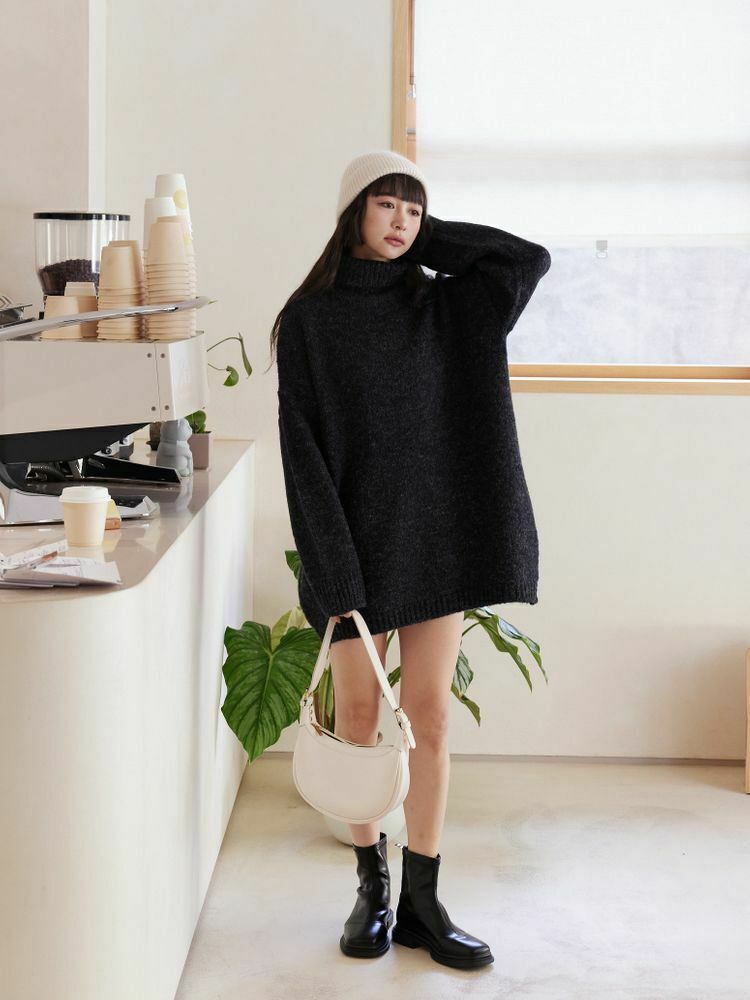 高領寬鬆針織短洋裝