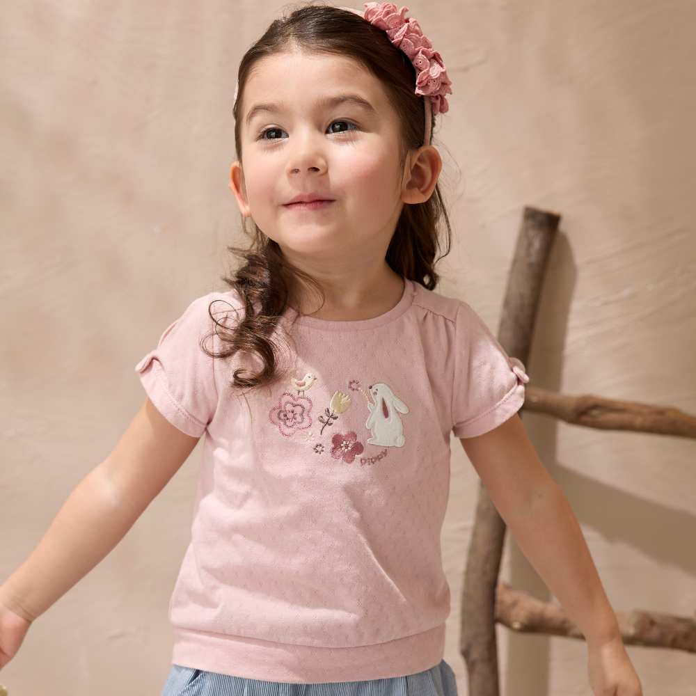 PIPPY花園小兔子刺繡袖口蝴蝶結純棉短袖上衣 粉