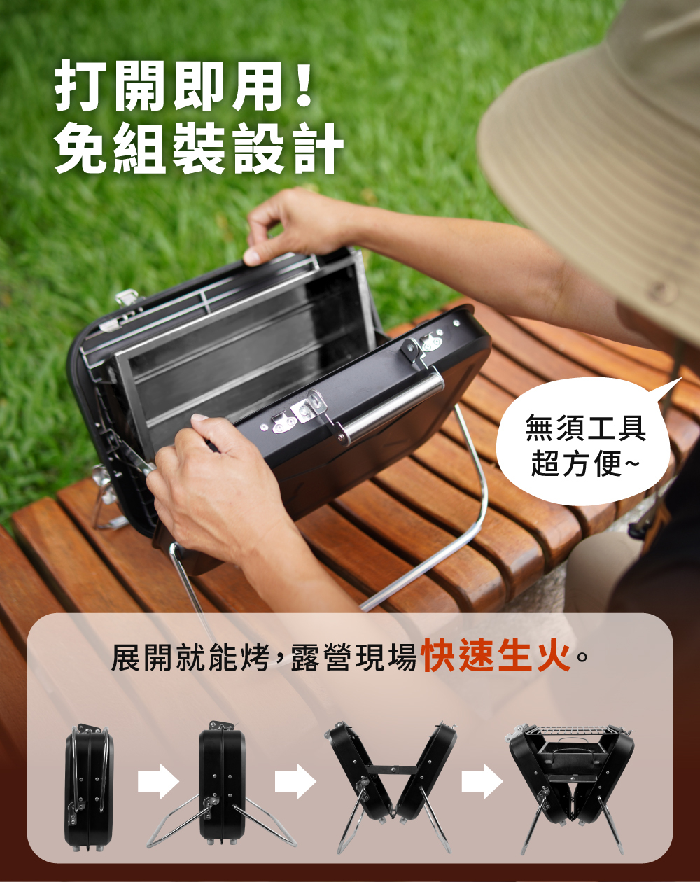 PAMABE OUTDOOR 手提式燒烤爐,打開即用,免組裝設計!無須工具,超方便。