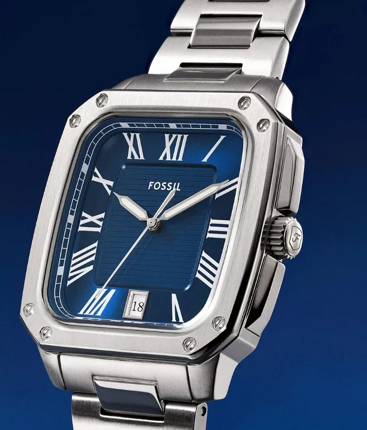 萬年鐘錶 - Fossil  時尚街頭Crosby 經典魅力藍面方型不鏽鋼男錶 FS6121  錶徑42MM