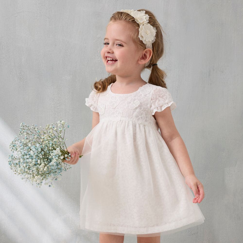 PIPPY 畢業季燒花澎袖網紗連身裙公主洋裝 白.米 (正式款)