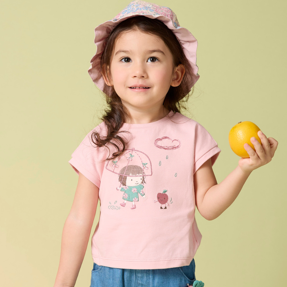 PIPPY 漫步雨中精緻刺繡一分袖圓領上衣 粉