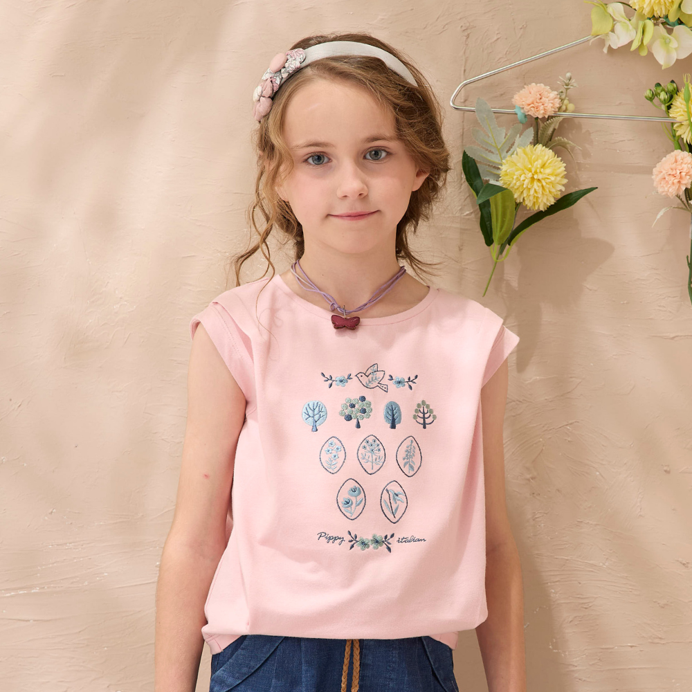 PIPPY森林系靜雅幽香花園刺繡活褶棉質短袖上衣  粉