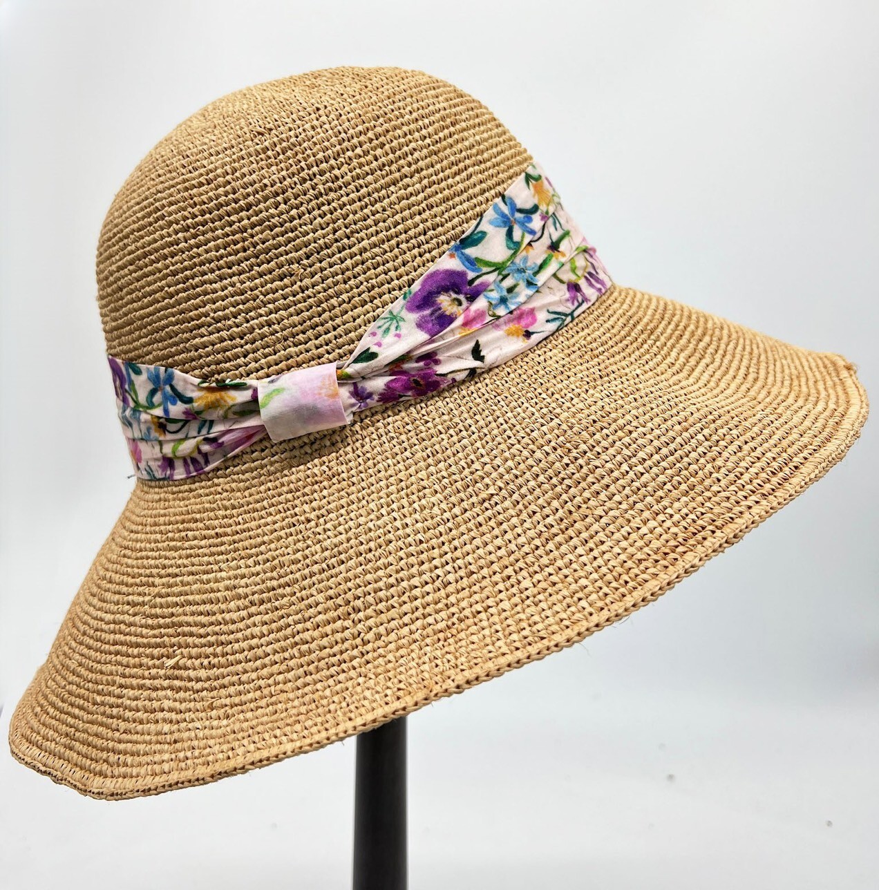 手工經典蝴蝶結印花綁帶拉菲草帽