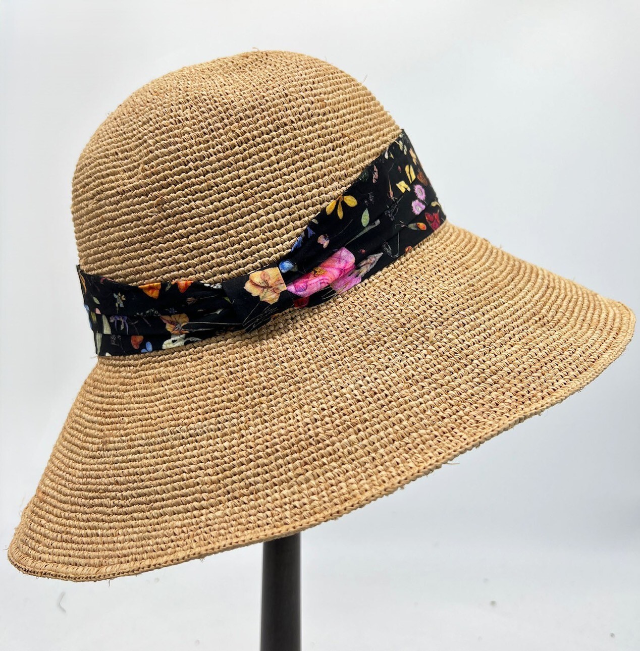 手工經典蝴蝶結印花綁帶拉菲草帽