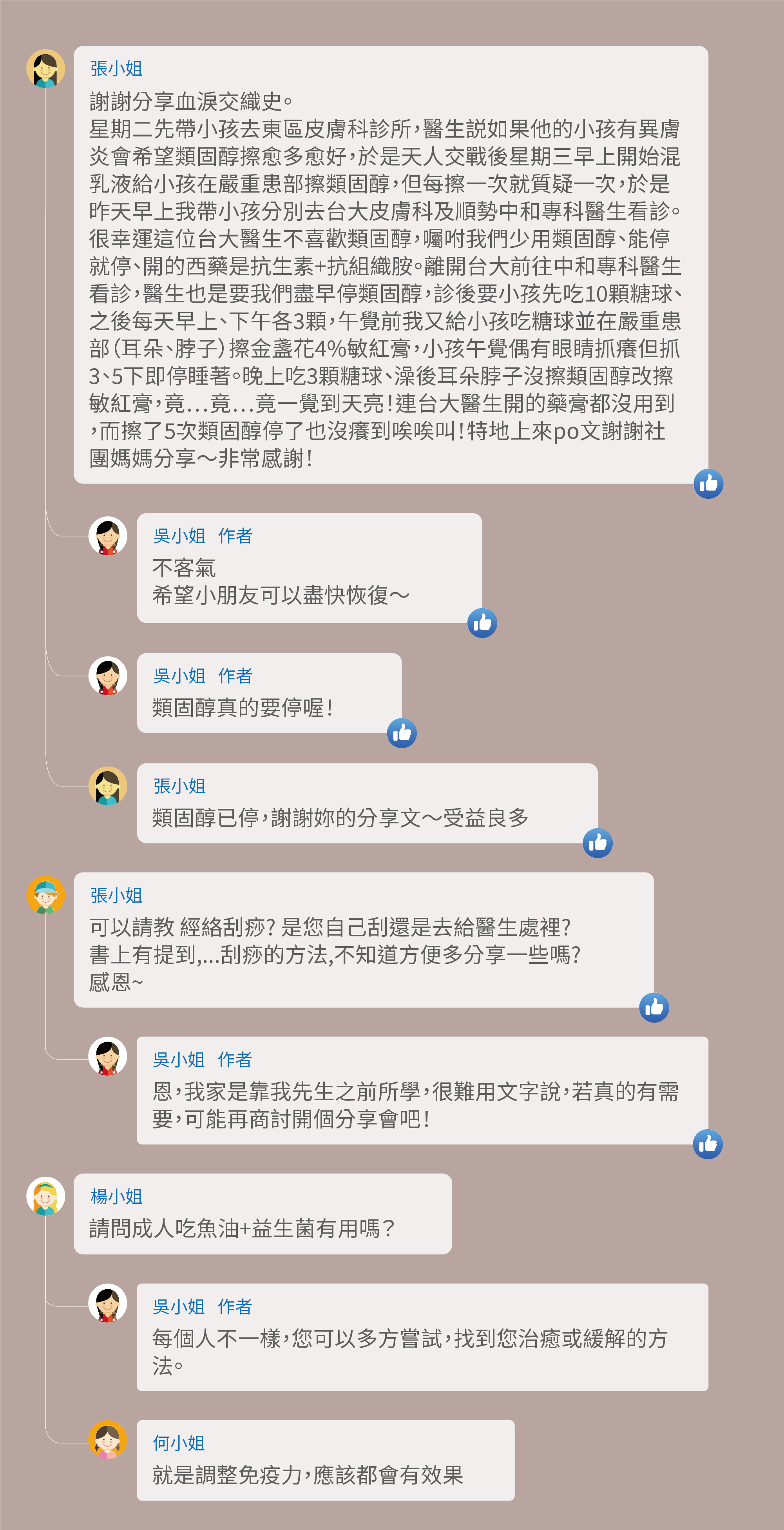 謝謝分享血淚交織史。星期二先帶小孩去東區皮膚科診所,醫生説如果他的小孩有異膚炎會希望類固醇擦愈多愈好,於是天人交戰後星期三早上開始混乳液給小孩在嚴重患部擦類固醇,但每擦一次就質疑一次,於是昨天早上我帶小孩分別去台大皮膚科及順勢中和專科醫生看診。很幸運這位台大醫生不喜歡類固醇,囑咐我們少用類固醇、能停就停、開的西藥是抗生素+抗組織胺。離開台大前往中和專科醫生看診,醫生也是要我們盡早停類固醇,診後要小孩先吃10顆糖球、之後每天早上、下午各3顆,午覺前我又給小孩吃糖球並在嚴重患部(耳朵、脖子)擦金盞花4%敏紅膏,小孩午覺偶有眼睛抓癢但抓3、5下即停睡著。晚上吃3顆糖球、澡後耳朵脖子沒擦類固醇改擦敏紅膏,竟⋯竟⋯竟一覺到天亮!連台大醫生開的藥膏都沒用到,而擦了5次類固醇停了也沒癢到唉唉叫!特地上來po文謝謝社團媽媽分享~非常感謝!希望小朋友可以盡快恢復~類固醇真的要停喔!類固醇已停,謝謝妳的分享文~受益良多,可以請教 經絡刮痧? 是您自己刮還是去給醫生處裡?書上有提到,...刮痧的方法,不知道方便多分享一些嗎?恩,我家是靠我先生之前所學,很難用文字說,若真的有需要,可能再商討開個分享會吧!請問成人吃魚油+益生菌有用嗎?每個人不一樣,您可以多方嘗試,找到您治癒或緩解的方法。就是調整免疫力,應該都會有效果