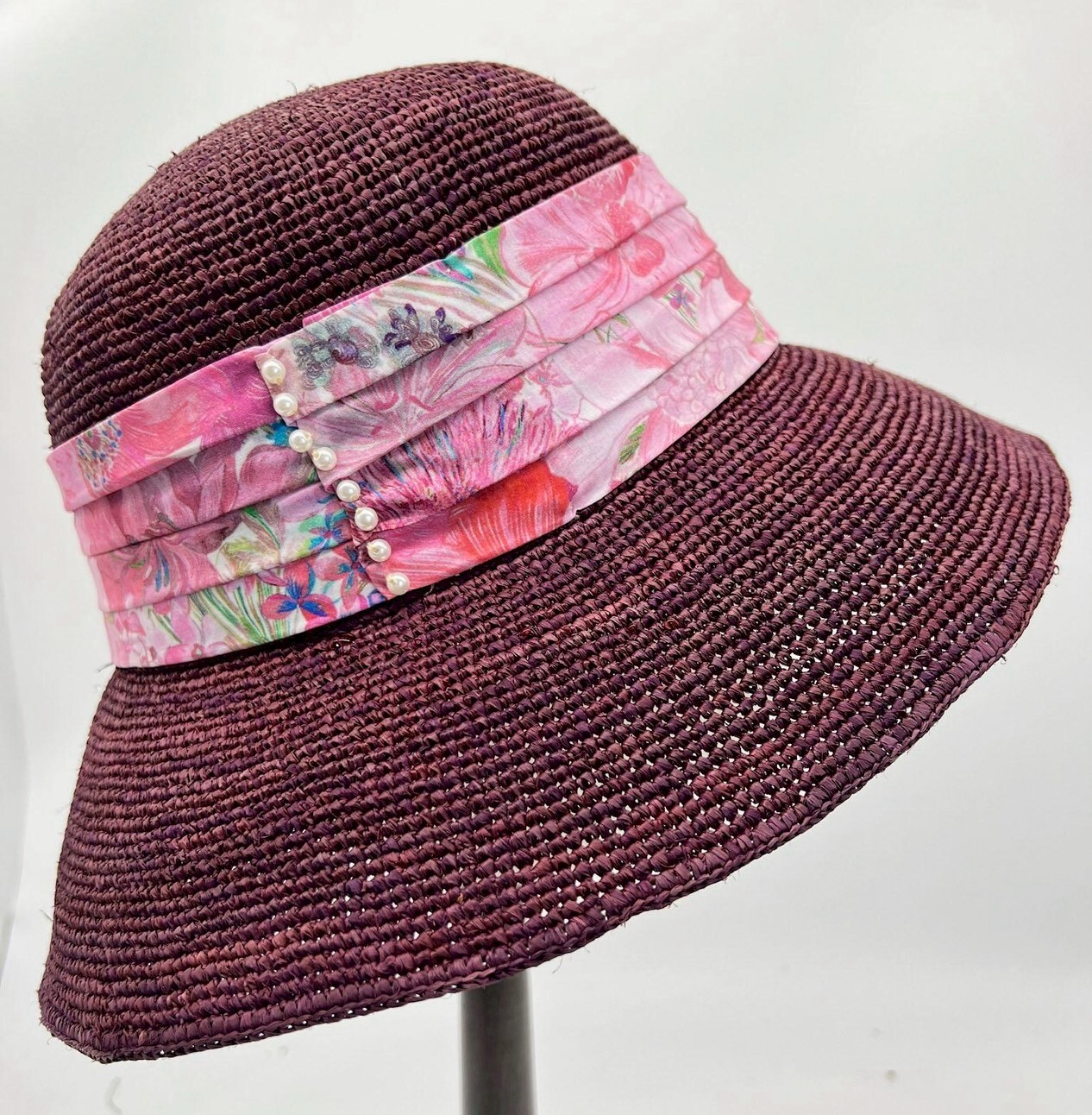 手工花色寬印花綁帶拉菲草帽