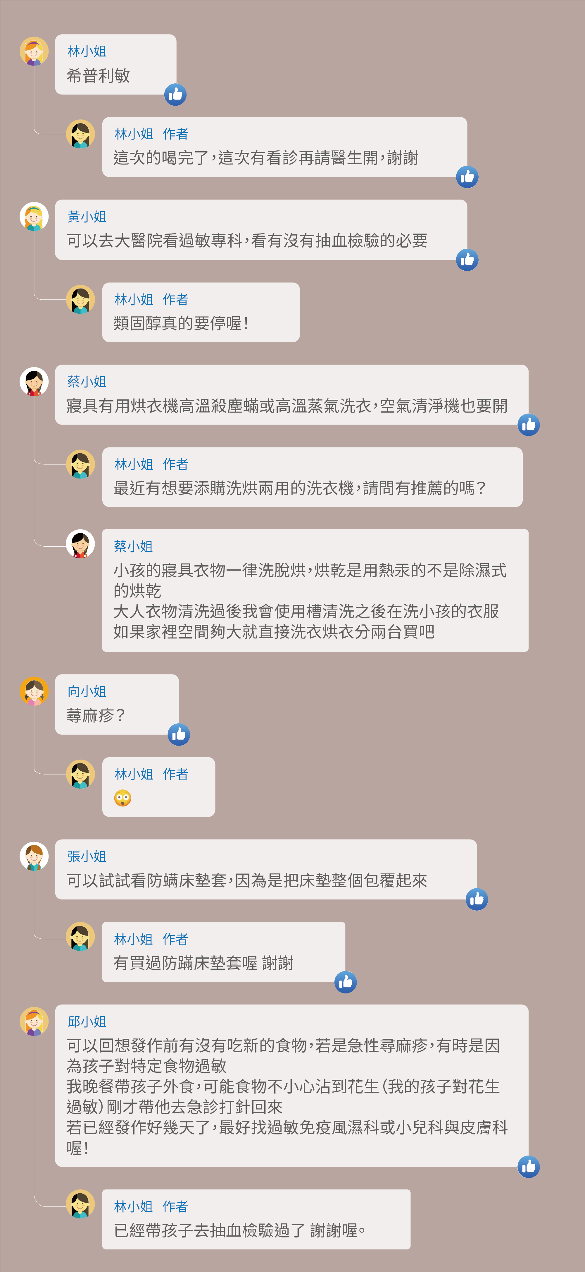 希普利敏,這次的喝完了,這次有看診再請醫生開,謝謝,可以去大醫院看過敏專科,看有沒有抽血檢驗的必要,類固醇真的要停喔!寢具有用烘衣機高溫殺塵蟎或高溫蒸氣洗衣,空氣清淨機也要開,最近有想要添購洗烘兩用的洗衣機,請問有推薦的嗎?小孩的寢具衣物一律洗脫烘,烘乾是用熱汞的不是除濕式的烘乾,大人衣物清洗過後我會使用槽清洗之後在洗小孩的衣服,如果家裡空間夠大就直接洗衣烘衣分兩台買吧,蕁麻疹?可以試試看防螨床墊套,因為是把床墊整個包覆起來,有買過防蹣床墊套喔,可以回想發作前有沒有吃新的食物,若是急性尋麻疹,有時是因為孩子對特定食物過敏,我晚餐帶孩子外食,可能食物不小心沾到花生(我的孩子對花生過敏)剛才帶他去急診打針回來,若已經發作好幾天了,最好找過敏免疫風濕科或小兒科與皮膚科喔!已經帶孩子去抽血檢驗過了。