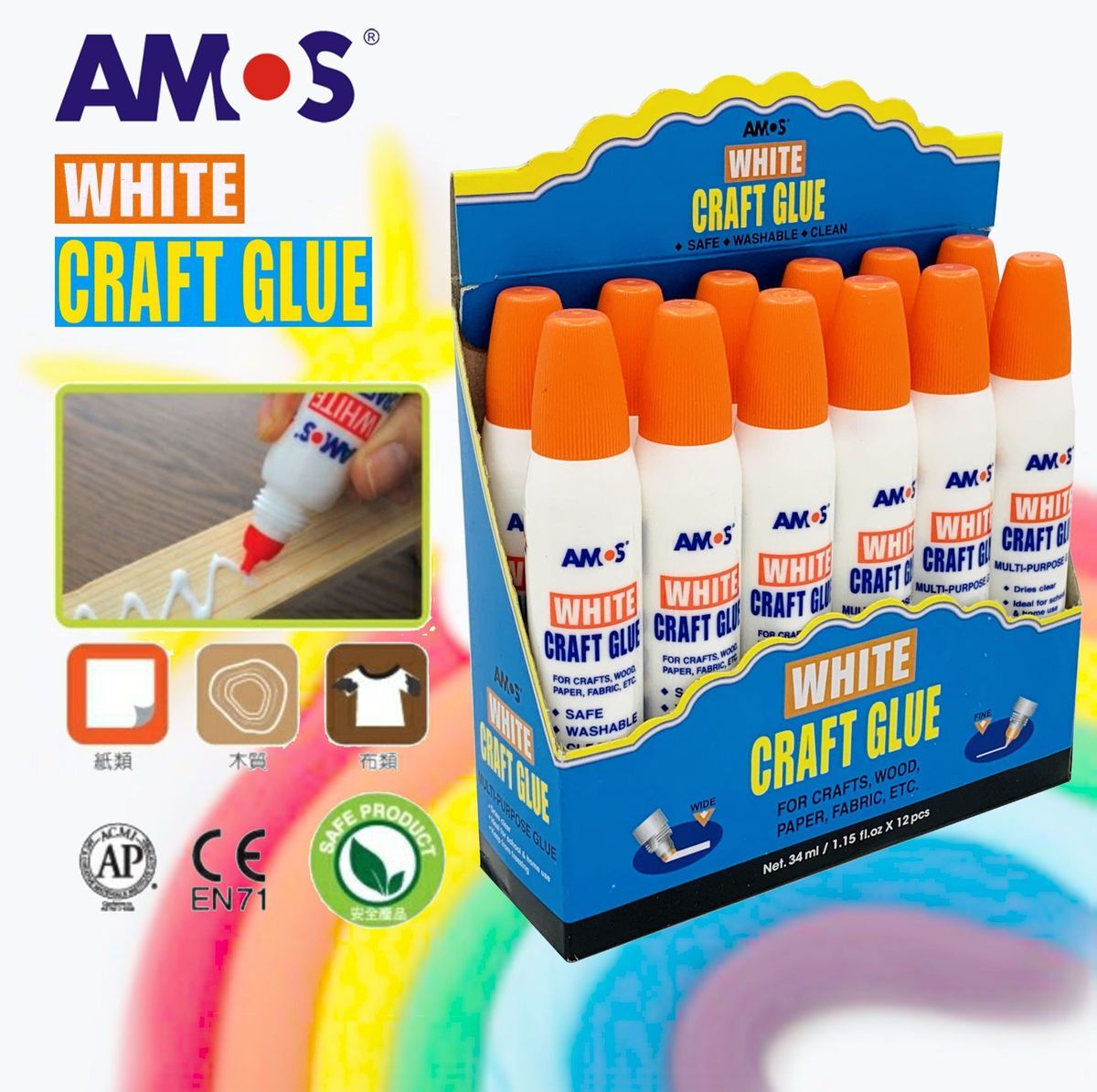 AMOS - 韓國 AMOS 2合1 雙頭白膠漿 34毫升 #WCG34, 12支